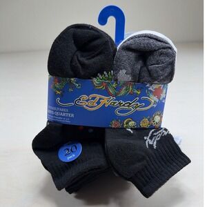 Ed Hardy Boys Quarter Socks 20 Pair Pack Youth Shoe Size 9-3.5 Black White Grey